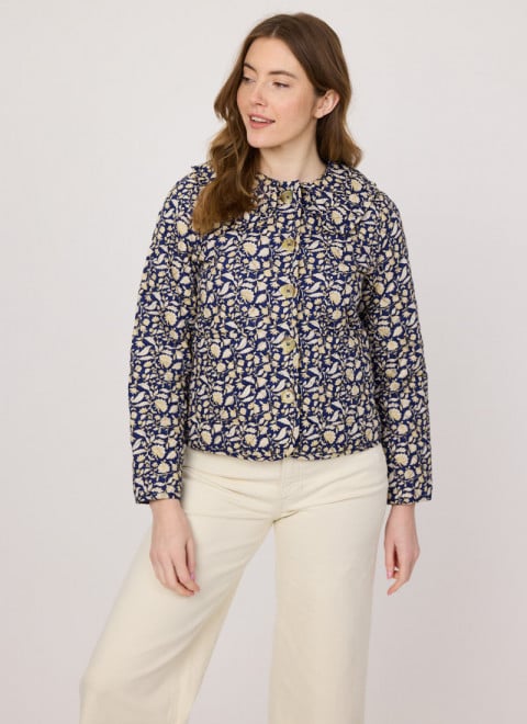 Brooke Navy Floral Print Quilted Collared Jacket - Model Front