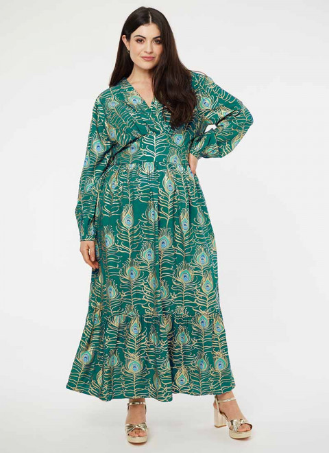 Bryce Peacock Print V-Neck Midaxi Dress - Model Front Hand On Hip