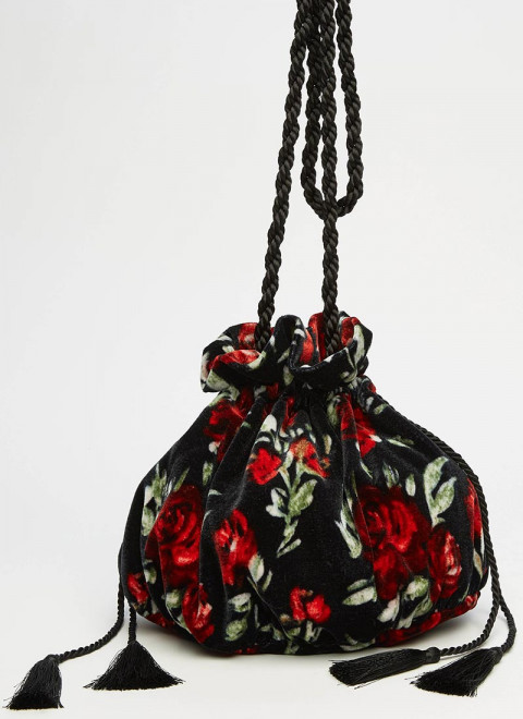 Filey Floral Print Velvet Pouch Bag - Product Front