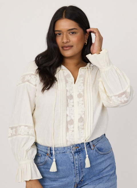Florence Tie Neck Dobby Blouse - White - Model Front