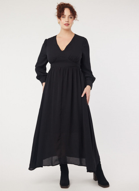 Gaia V-Neckline Midaxi Dress - Black - Model Front Full Length
