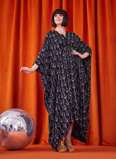 Dawn O’Porter X Joanie - Vesper Cocktail Print Kaftan Midaxi Dress - Dawn Front Gold Heels